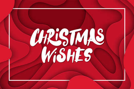 Vector background with deep red color paper cut shapes. 3D abstract Christmas Wishes lettering, design layout for greeting cards, posters, prints, decoration, banners, invitations.のイラスト素材