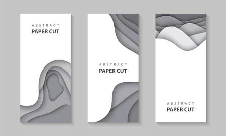 Vector vertical flyers with gray color paper cut waves shapes. 3D abstract paper style, design layout for business presentations, flyers, posters, prints, decoration, cards, brochure cover, banners.のイラスト素材