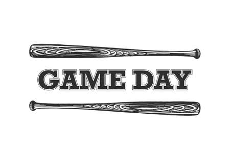 Vector engraved style illustration for posters, decoration, t-shirt design. Hand drawn sketch of baseball bat with motivational typography isolated on white background. Game day.のイラスト素材