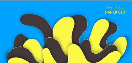 Vector background with splash water paper cut shapes in black and yellow color. 3D abstract paper art style, design layout for advertising, flyers, posters, prints, decoration, cards, brochure cover.のイラスト素材