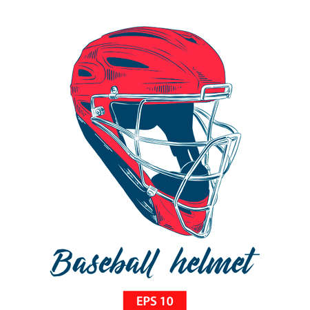 Vector engraved style illustration for posters, decoration and print. Hand drawn sketch of baseball helmet in color isolated on white background. Detailed vintage etching style drawing.のイラスト素材