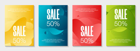 Set of 4 abstract modern graphic liquid banners. Dynamical waves different colored fluid forms. Isolated templates with flowing liquid gradient shapes.のイラスト素材