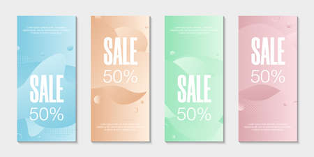 Set of 4 abstract modern graphic liquid banners. Dynamical waves different colored fluid forms. Isolated templates with flowing liquid gradient shapes.のイラスト素材