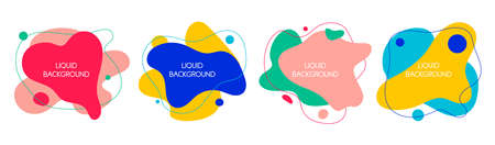 Set of 4 abstract graphic liquid elements in memphis style. Dynamical waves colored fluid shapes. Isolated banners with flowing liquids.のイラスト素材