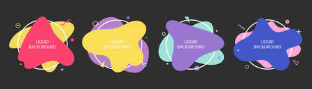 Set of 4 abstract graphic liquid elements in memphis style. Dynamical waves colored fluid shapes. Isolated banners with flowing liquids.のイラスト素材