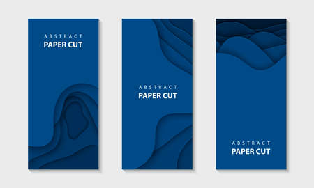 Vector vertical flyers with trendy blue paper cut waves shapes. 3D abstract paper style, design layout for business presentations, flyers, posters, prints, decoration, cards, brochure cover, banners.のイラスト素材
