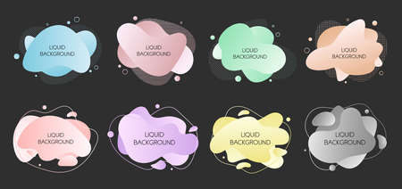 Set of 8 abstract modern graphic liquid elements. Dynamical waves different pastel colored fluid forms. Isolated banners with flowing shapes.のイラスト素材