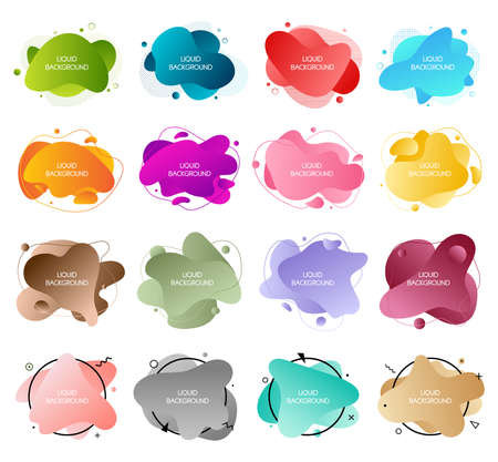Bundle of 16 abstract modern graphic liquid elements. Dynamical waves different colored fluid forms. Isolated banners with flowing shapes.のイラスト素材