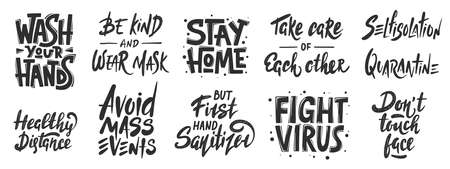 Set of quarantine vector hand drawn unique typography design elements for posters, decoration, prints. Handwritten motivational lettering. Modern ink brush calligraphy, healthy rules in pandemic.のイラスト素材