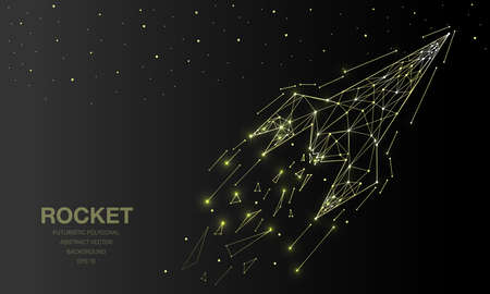 Polygonal wireframe mesh futuristic with rocket, sign on dark background. Vector lines, dots and triangle shapes, connecting network, digital molecules technology, connection structure.のイラスト素材