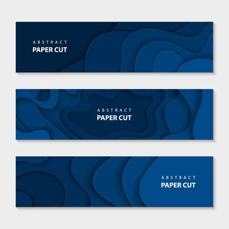 Paper cut waves shape abstract template, trendy deep blue background. Horizontal banners, cover layout, social media design. 3D abstract paper art style.のイラスト素材