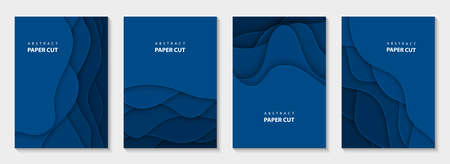 Vector vertical flyers with blue paper cut waves shapes. 3D abstract paper style, design layout for business presentations, flyers, posters, prints, decoration, cards, brochure cover, banners.のイラスト素材
