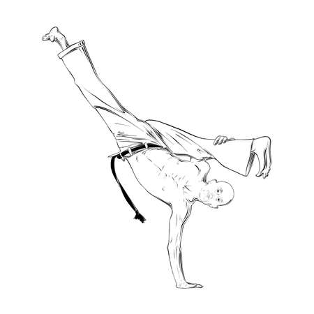 Vector engraved style illustration for posters, decoration and print. Hand drawn sketch of capoeira dancer in black isolated on white background. Detailed vintage etching style drawing.のイラスト素材