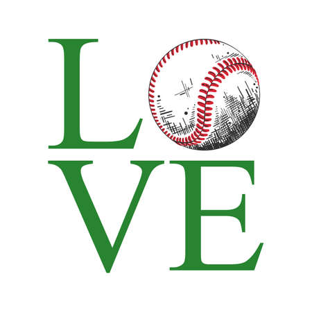 Vector engraved style illustration for posters, decoration, t-shirt design. Hand drawn sketch of baseball ball with motivational typography isolated on white background. Word love.のイラスト素材