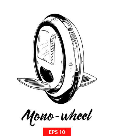 Vector engraved style illustration for posters, decoration and print. Hand drawn sketch of mono-wheel in black isolated on white background. Detailed vintage etching style drawing.のイラスト素材