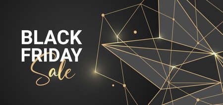 Vector polygonal social media banners for posts, advertising, stories, site decoration, offer, promo, flyer, brochure. Golden poly mesh on black background. Black Friday sale.のイラスト素材
