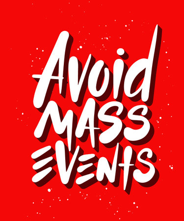 Vector quarantine lettering with quote for posters, decoration, wall art and t shirt print. Hand drawn inspirational and motivational typography text on red background. Avoid mass events.のイラスト素材