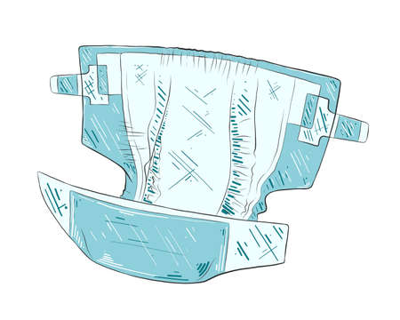Vector engraved style illustration for posters, decoration and print. Hand drawn sketch of baby diaper in blue isolated on white background. Detailed vintage etching style drawing.のイラスト素材