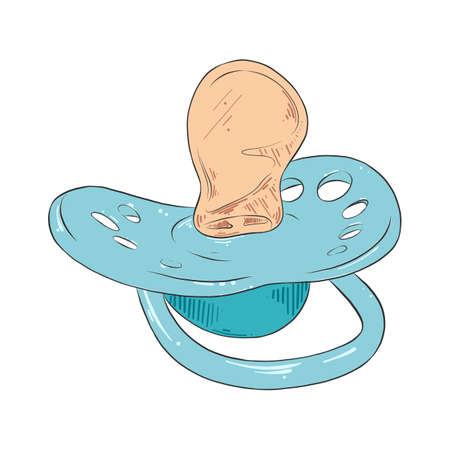 Vector engraved style children illustration for posters, decoration and print. Hand drawn sketch of nipple, blue pacifier isolated on white background. Detailed vintage etching style drawing.のイラスト素材