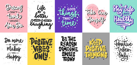 Set of 10 Motivational posters with hand drawn lettering design element for wall art, decoration, t-shirt prints. Inspirational quote, handwritten typography positive summer slogan.のイラスト素材