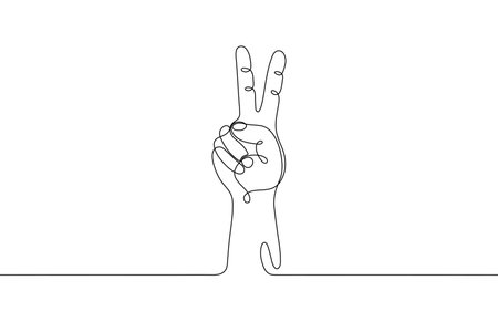 Single line drawn hand gesture, minimalistic human hand with victory or two raised up sign fingers, symbol of luck, victory, piece, success. dynamic continuous one line graphic vector designのイラスト素材