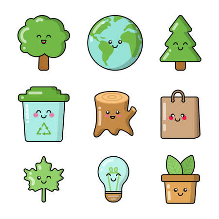 Eco things patches, badges, stickers, logos. Set of cute funny cartoon characters icons in asian japanese kawaii style. Vector ecology doodles of Earth planet, tree, paper bag, lamp, maple leaf, bin.のイラスト素材