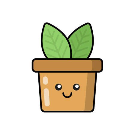 Eco element for patches, badges, stickers, logos.Cute funny cartoon character icon in asian japanese kawaii style. Vector ecology doodles of plant in the pot.のイラスト素材