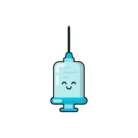 Medicine syringe patch, badge, stickers logo. Cute funny pharmacy injector cartoon character icon in asian japanese kawaii. Vector medical doodle.のイラスト素材