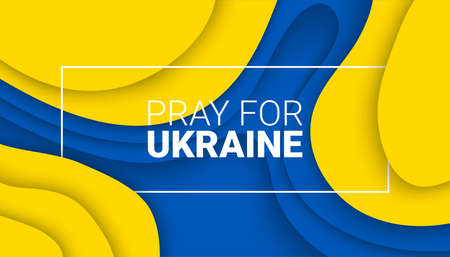 Vector paper cut background illustration of Pray For Ukraine concept with prohibition sign on Ukraine flag colors. No war and military attack in Ukraine poster.のイラスト素材