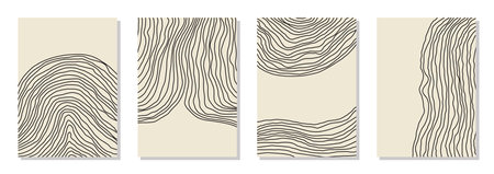 Set of 4 wall art posters, brochure, flyer templates. Single organic line abstract shape drawn, hand drawn design, simple wallpaper. Dynamic contemporary line graphic vector vintage design.のイラスト素材