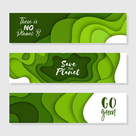 Set of 3 Earth Day abstract graphic organic paper cut. Dynamic waves, fluid shapes. Green horizontal banners with flowing lines. Template for the design for cover or presentation eco typography.のイラスト素材