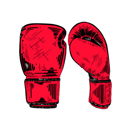Hand drawn sketch of red boxing gloves isolated on white background. Vector engraved style sport, fighting illustration for posters, decoration and print. Detailed vintage etching style drawing.のイラスト素材