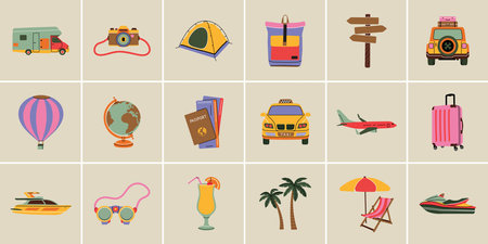Set of travel element in modern flat line style. Hand drawn vector illustration of leisure, vacation, voyage, road trip, tour, camping, holiday cartoon design. Vintage holiday patch, badge, emblemのイラスト素材