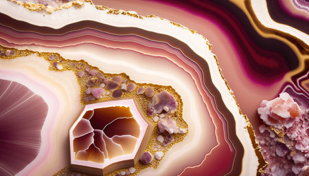 Generative AI, natural volcanic agate stones close-up pink magenta and golden texture. Wallpaper background, quartz marble, decorative rock patternの素材