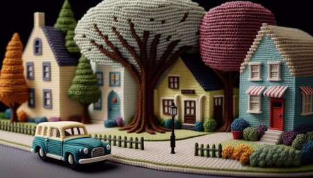 Generative AI, cute street made of crochet, houses, trees, road, cars. Soft colors, dreamy scene cityscape made of crochet materials, wool, fabric, yarn, sewing for backgroundの素材