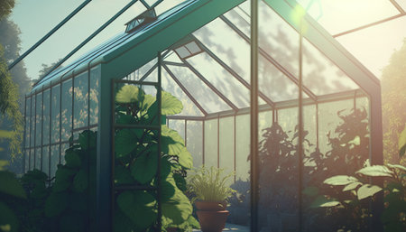 Generative AI, Green house from the glass, tent-glass garden with a lot of plants. photorealistic effect.の素材