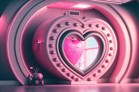 Generative AI, Futuristic space ship room with pink heart in cyberpunk style illustration. Love, feelings, romantic St. Valentine's day concept. Sci fi realistic 3d effect.の素材