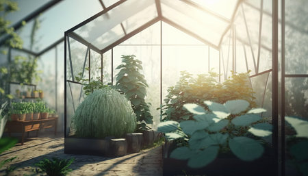 Generative AI, Green house from the glass, tent-glass garden with a lot of plants. photorealistic effect.の素材
