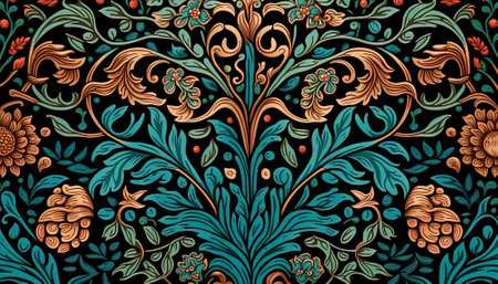 Generative AI, Floral colorful pattern. William Morris inspired natural plants and flowers background, vintage illustration. Foliage ornament.の素材