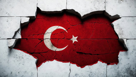 Generative AI, earthquake in Turkey banner, Turkish flag on broken concrete, cracked ground. Catastrophic concept, calamity that struck this countryの素材