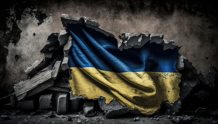 Generative AI, Ruined Ukraine banner, Ukrainian flag on broken concrete, cracked, shattered, rubble ground. no war conceptの素材