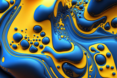 Generative AI, Flowing liquid with splashes in blue and yellow color. Glossy Ukrainian flag fluid banner, 3D effect, modern macro photorealistic abstract background illustration.の素材