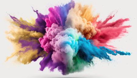 Generative AI, Flowing isolated colorful sand and powder with splashes. Bright banner, 3D effect, modern macro realistic abstract background illustration, white background.の素材
