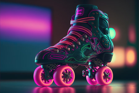 Generative AI, Roller skate in cyberpunk style, disco nostalgic 80s, 90s. Neon night lights vibrant colors, photorealistic horizontal illustration of the futuristic city. Sport activity concept.の素材
