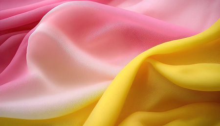 Generative AI, Flowing chiffon fabric texture in light pink and yellow color. Glossy spring banner, material 3D effect, modern macro photorealistic abstract background illustration.の素材