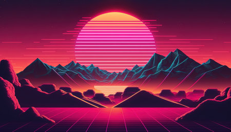 Generative AI, Retro style, nostalgic 80s, 90s. Night landscape, sunset colors, scifi, retrowave vintage illustration. Sun, mountains, roads and trees. Digital Retro Cyber Surface.の素材