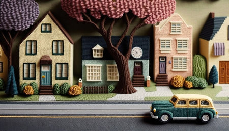 Generative AI, cute street made of crochet, houses, trees, road, cars. Soft colors, dreamy scene cityscape made of crochet materials, wool, fabric, yarn, sewing for backgroundの素材