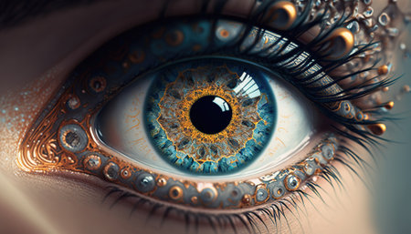 Generative AI, Macro human open eye with makeup, fantasy photorealistic horizontal illustration. Futuristic fantasy digital art concept.の素材