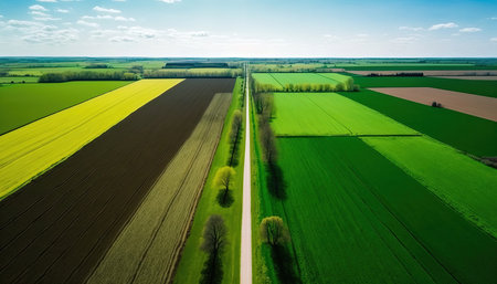 Generative AI, Farm landscape, agricultural fields, beautiful countryside, country road. Nature Illustration, photorealistic top view drone, horizontal banner.の素材