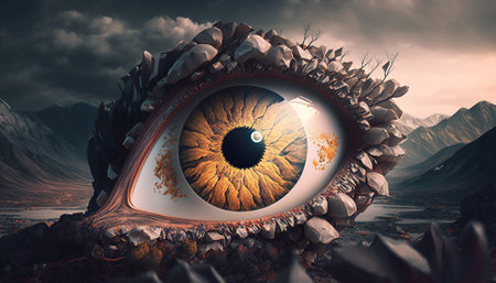 Generative AI, Macro human open eye, fantasy planet landscape, photorealistic horizontal illustration.の素材